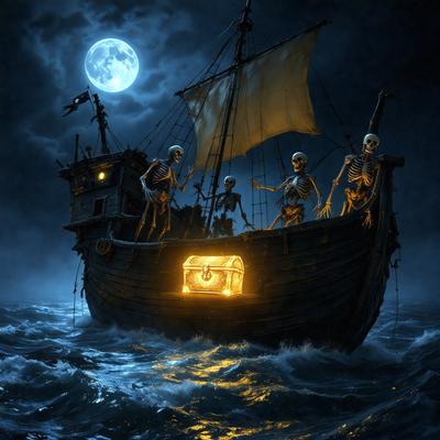The primary subject of the image is a boat with skeletons on it. The boat is floating on a body of water, and the skeletons appear to be enjoying their time on the boat. The setting is a nighttime scene, with a moon visible in the sky. The visual style is a digital art or illustration, creating a spooky and eerie atmosphere. The dominant colors are black, white, and shades of blue, which contribute to the overall mood of the scene.